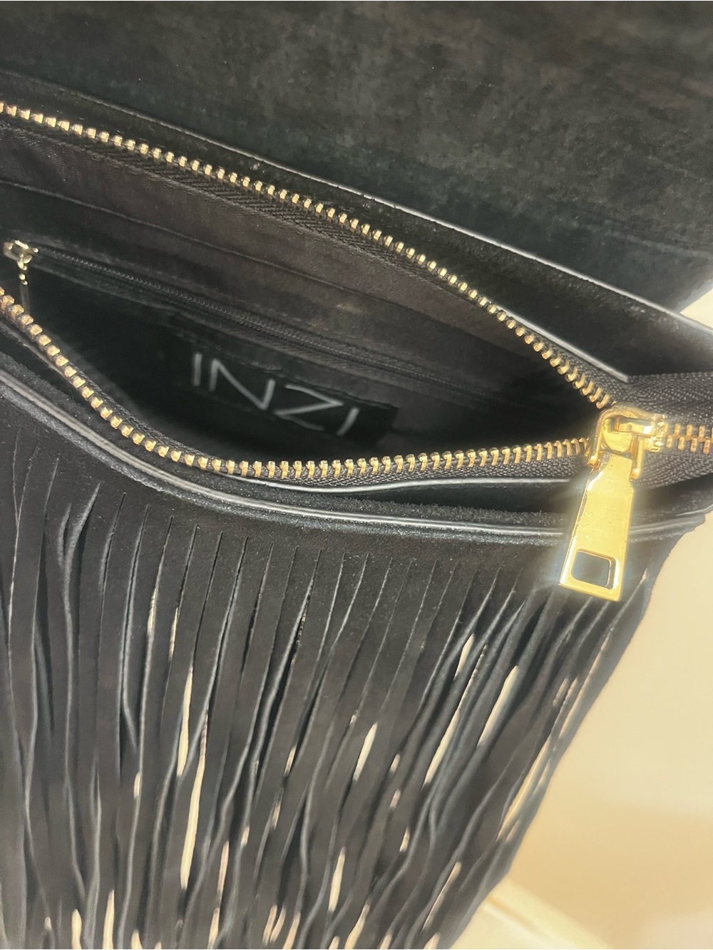 Black Fringe Crossbody Bag with Gold Ring Accent by INZI - Picture 8 of 11